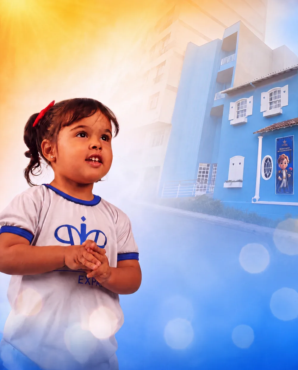 Menina pequena de uniforme do IPP olha para cima com as mãos juntas, com o prédio da escola ao fundo na arte da campanha